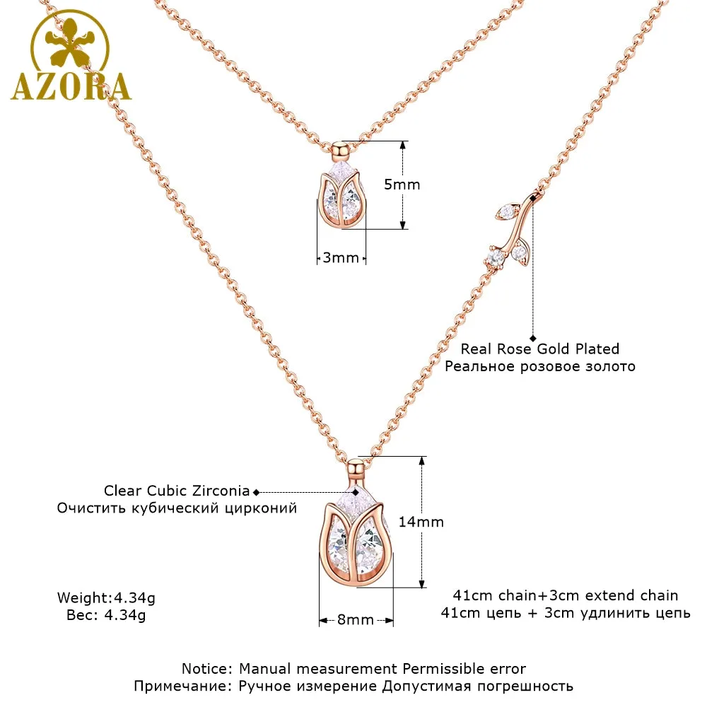 AZORA Luxury Two Lotus Pear Cut Clear Cubic Zirconia Pendant Necklaces for Women Female Bride Jewelry
