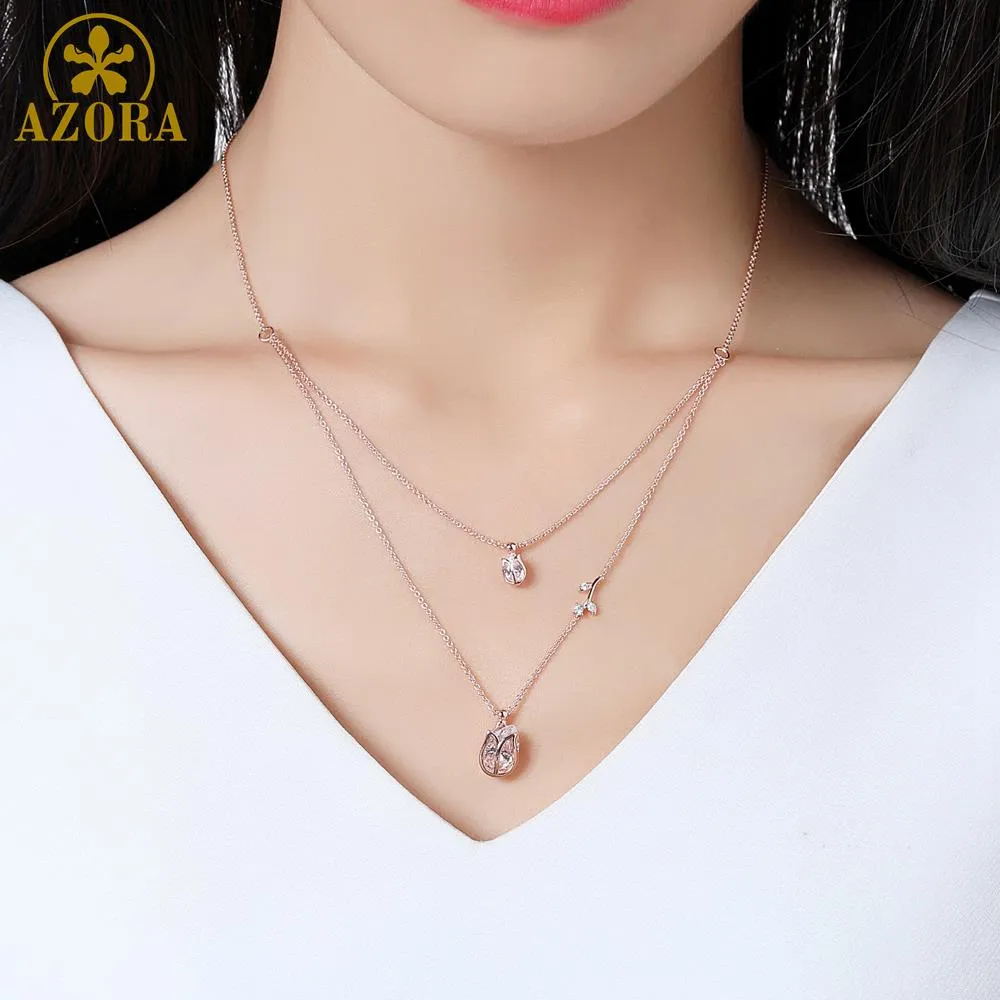 AZORA Luxury Two Lotus Pear Cut Clear Cubic Zirconia Pendant Necklaces for Women Female Bride Jewelry
