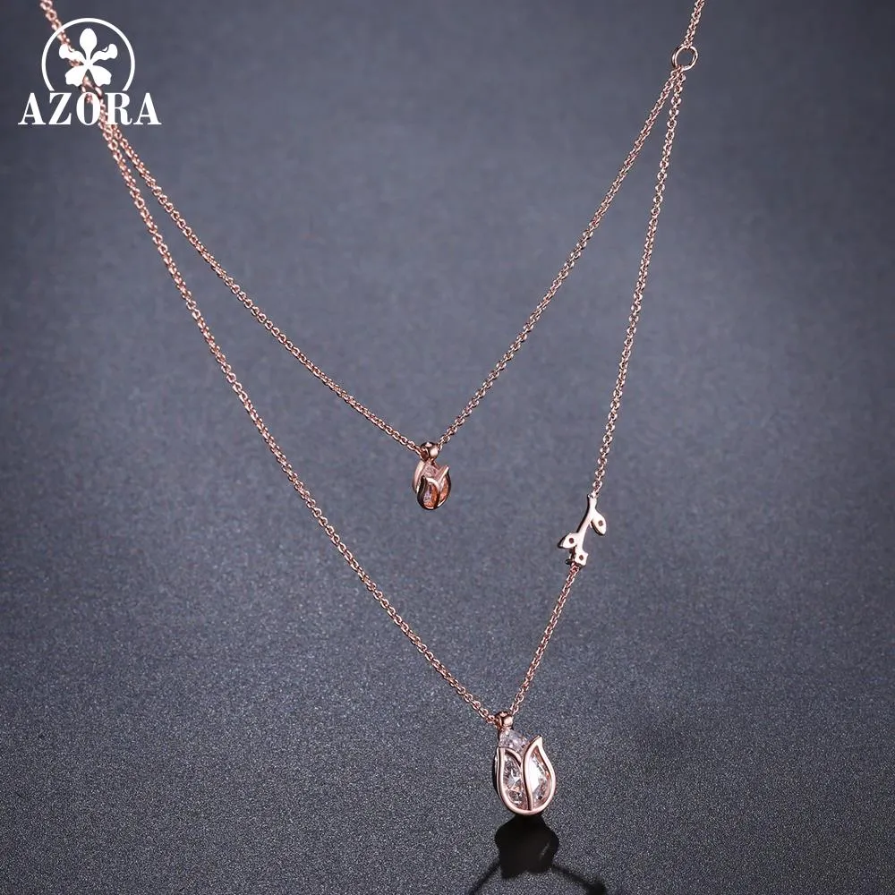 AZORA Luxury Two Lotus Pear Cut Clear Cubic Zirconia Pendant Necklaces for Women Female Bride Jewelry