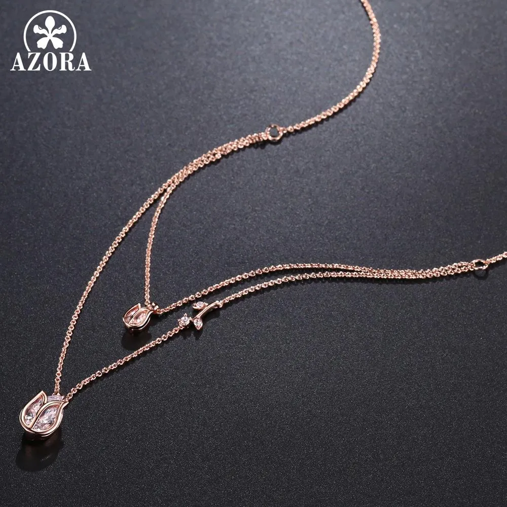 AZORA Luxury Two Lotus Pear Cut Clear Cubic Zirconia Pendant Necklaces for Women Female Bride Jewelry