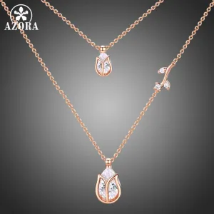 AZORA Luxury Two Lotus Pear Cut Clear Cubic Zirconia Pendant Necklaces for Women Female Bride Jewelry