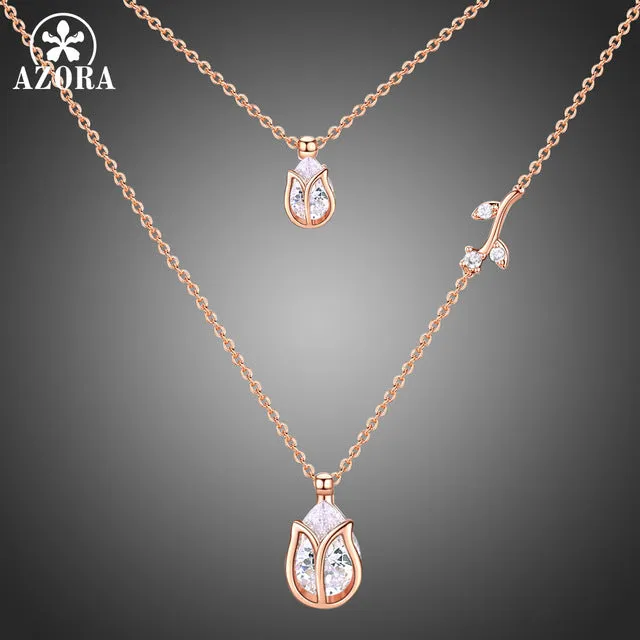 AZORA Luxury Two Lotus Pear Cut Clear Cubic Zirconia Pendant Necklaces for Women Female Bride Jewelry