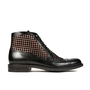 Charles - Houndstooth - Men's leather toe cap dressy boot in black and houndstooth