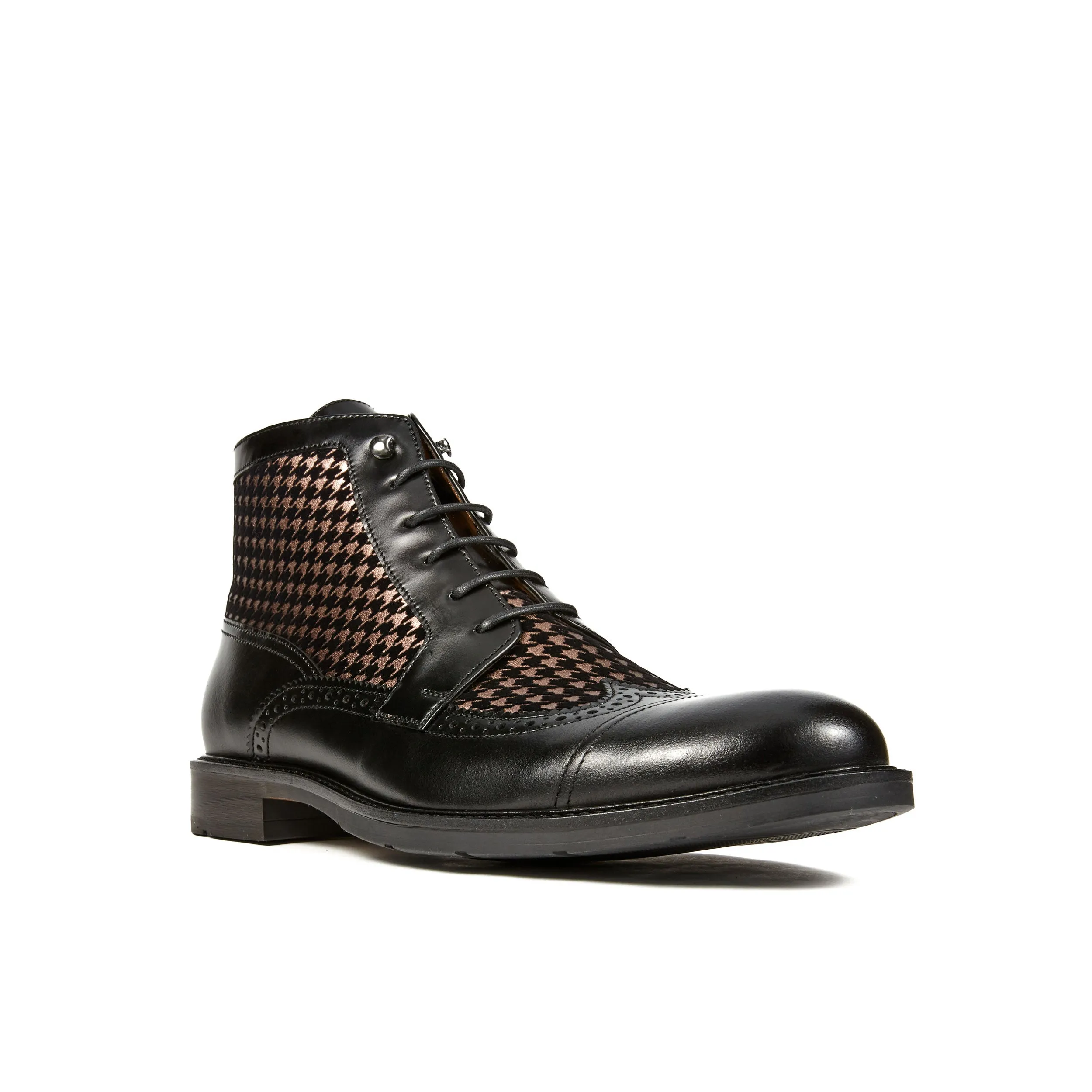 Charles - Houndstooth - Men's leather toe cap dressy boot in black and houndstooth