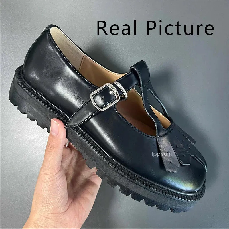 DAIIIBABYYY  -   Tabis Shoes Mary Janes For Women Size 42 2025 New Black Leather Split Toe Flats Loafers Mary Jane Platform Shoes