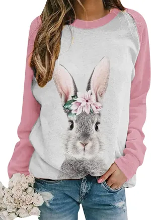 EFOFEI Womens Easter Bunny Sweatshirts Casual Cute Rabbit Tops Oversized Long Sleeve Shirts