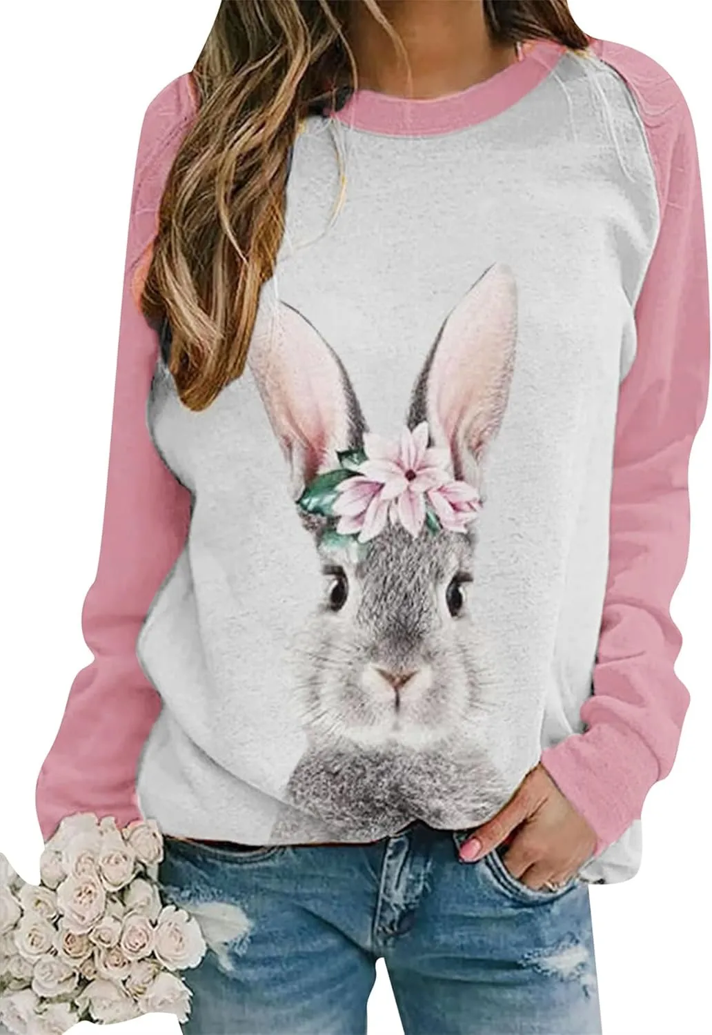 EFOFEI Womens Easter Bunny Sweatshirts Casual Cute Rabbit Tops Oversized Long Sleeve Shirts