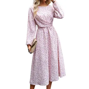 Hanerdun Women Floral Belted Dress Female Long Sleeve A-Line Midi Party Dress