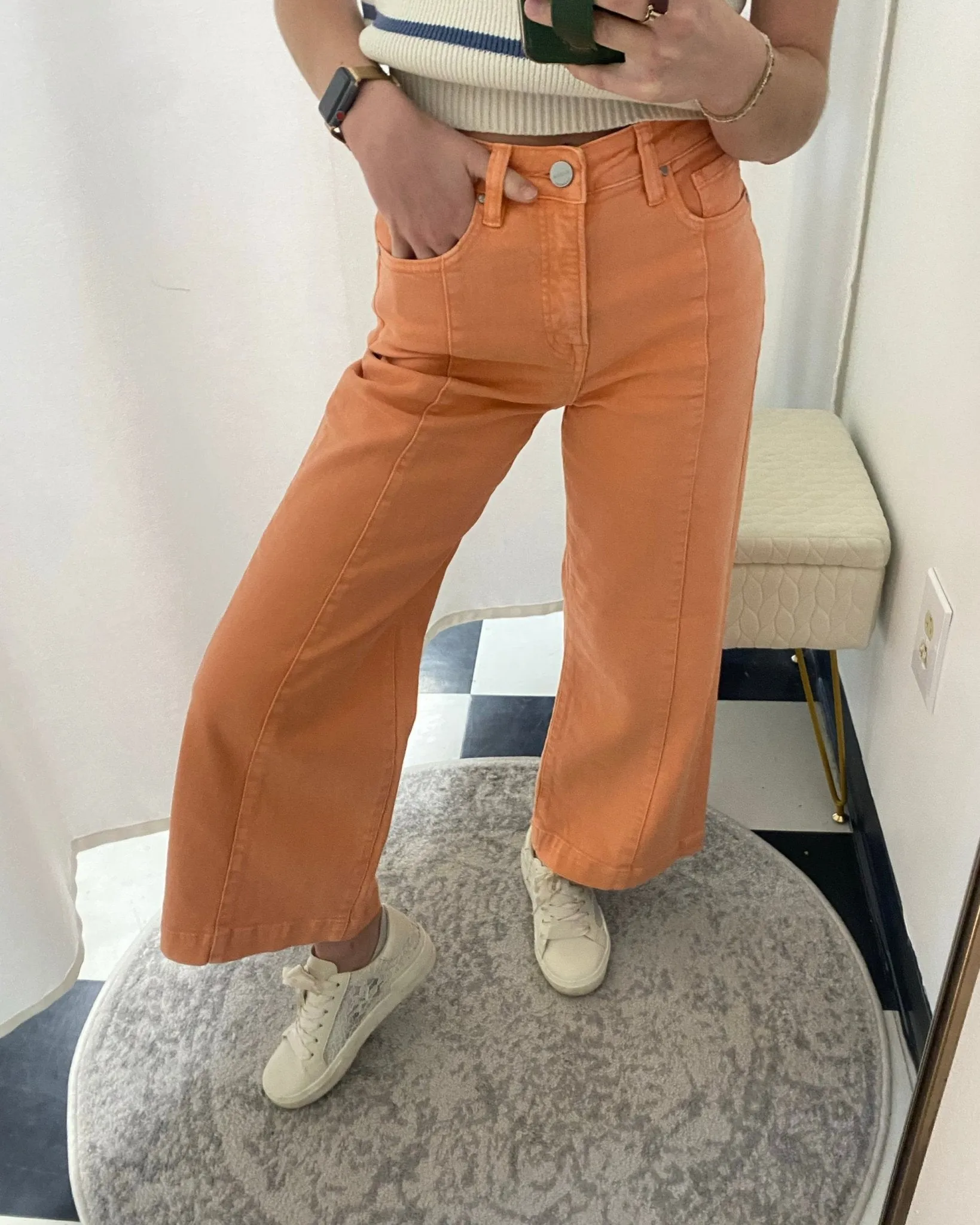 Risen Peachy Coral Tummy-Control Wide-Leg Crop Jeans