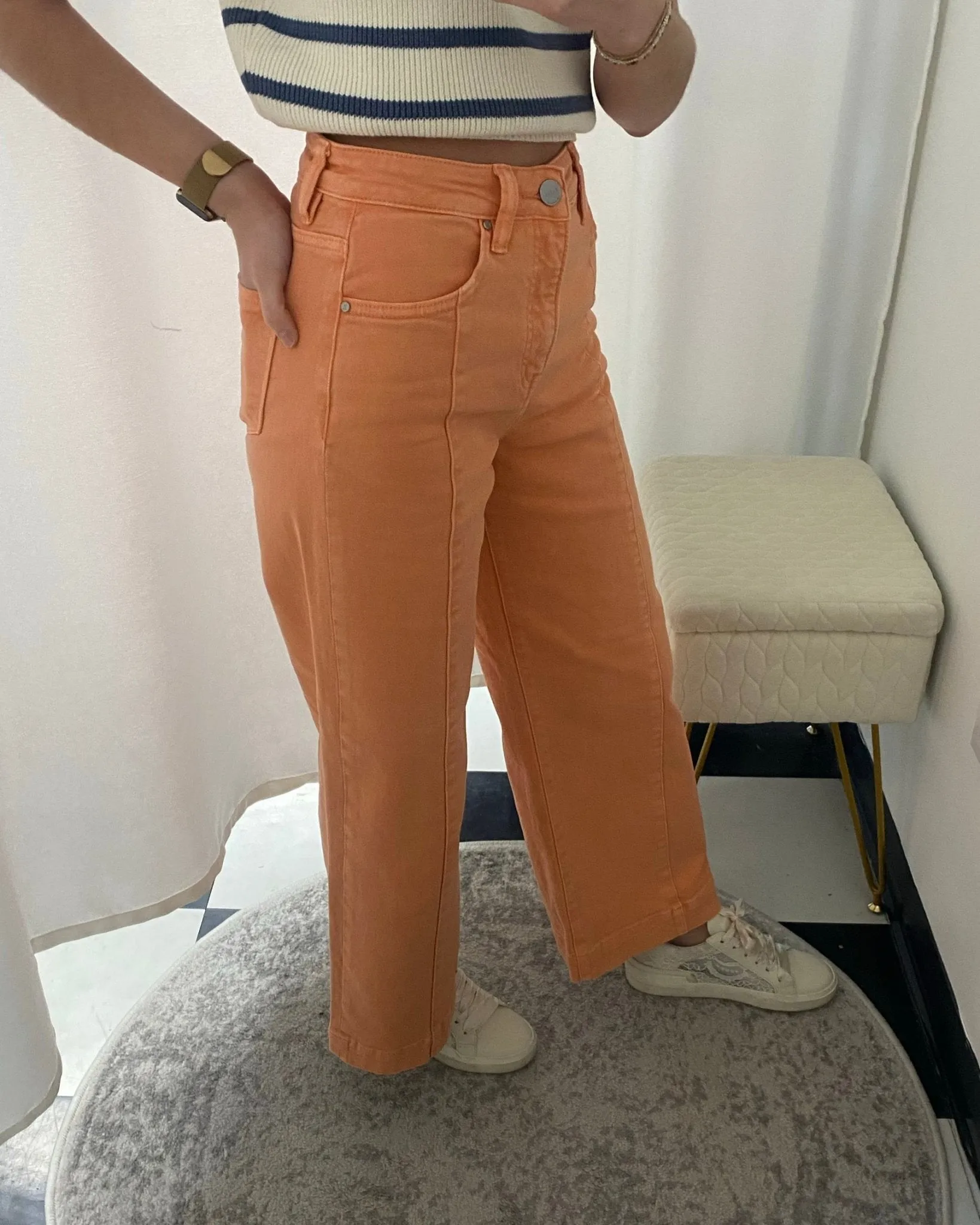 Risen Peachy Coral Tummy-Control Wide-Leg Crop Jeans
