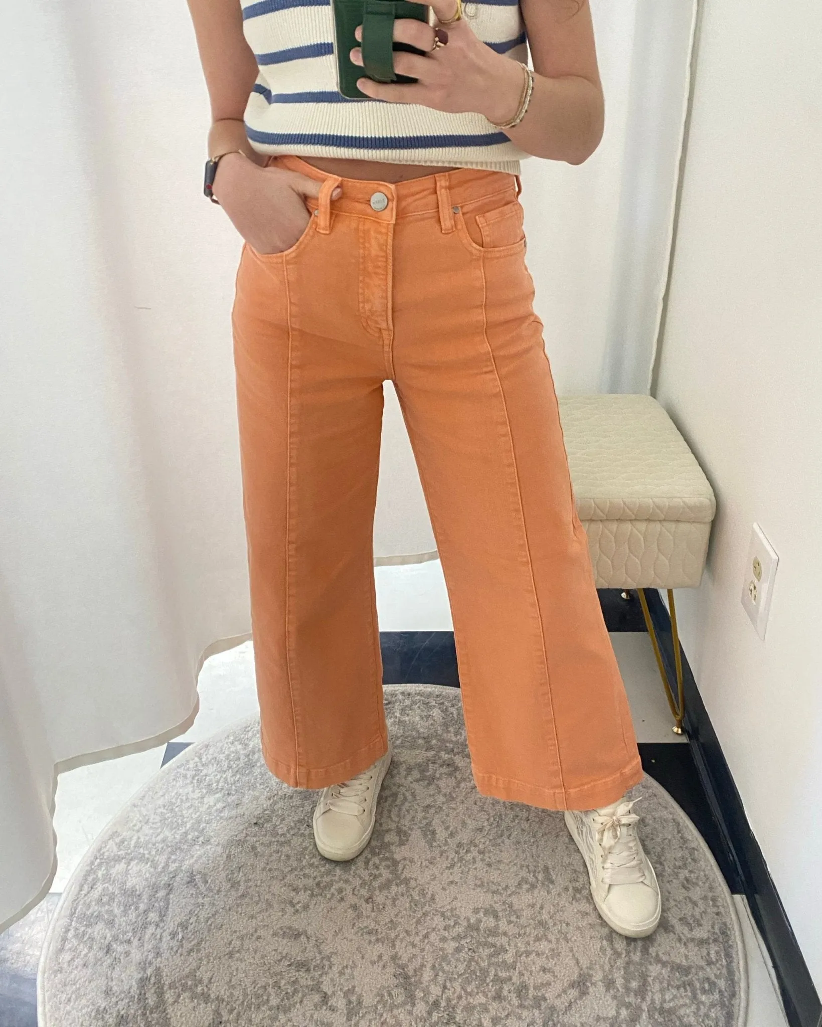 Risen Peachy Coral Tummy-Control Wide-Leg Crop Jeans