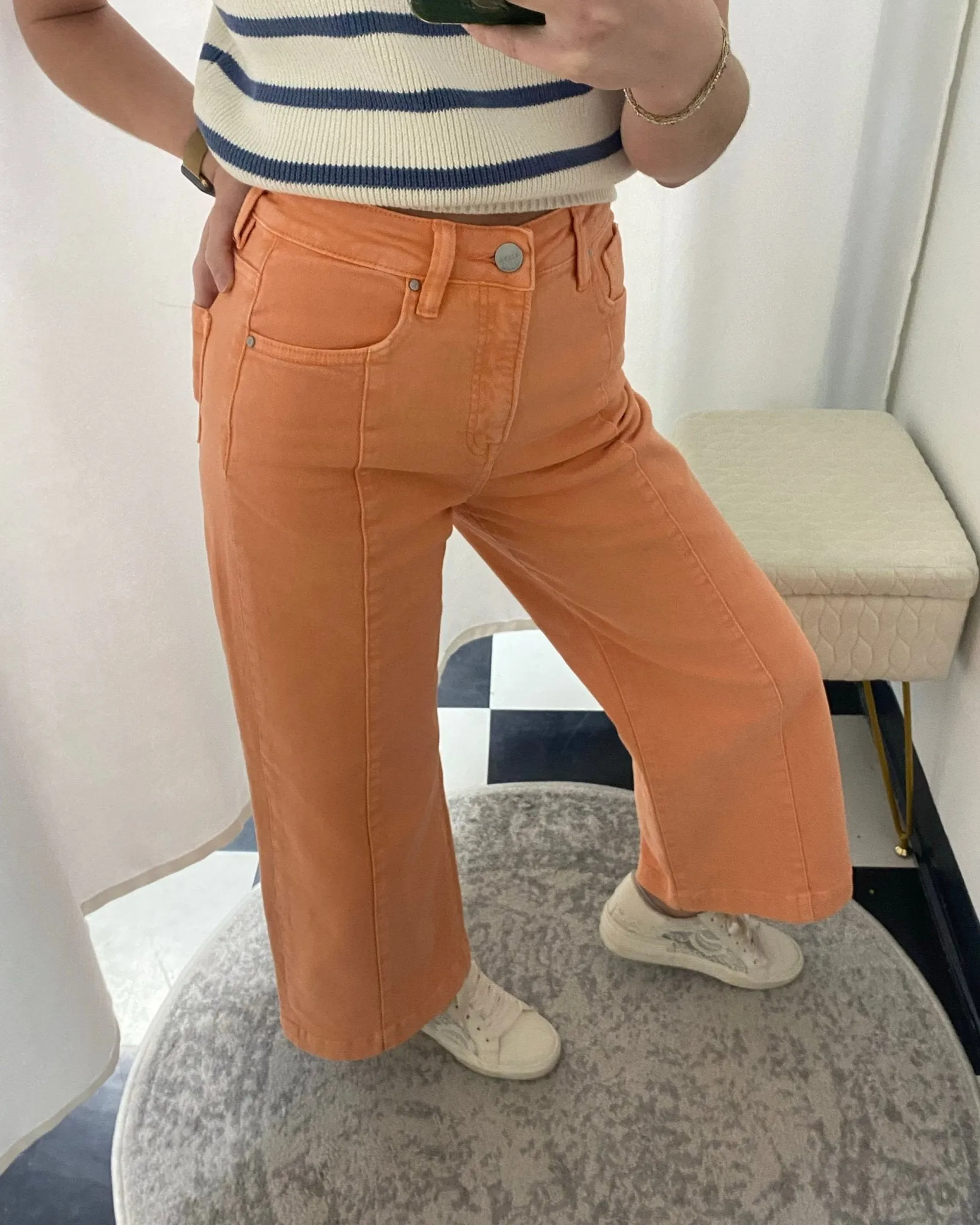 Risen Peachy Coral Tummy-Control Wide-Leg Crop Jeans