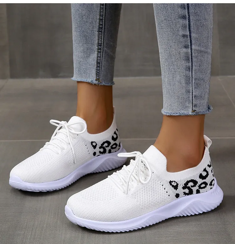 White Shoes Women Leopard Print Lace-up Sneakers