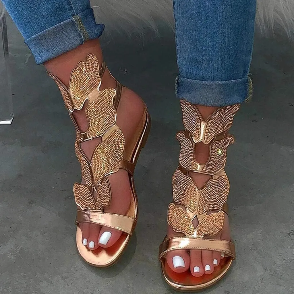 Women's Open Toe Sandals Summer Retro Bohemian Gladiator Roman Party Dress Sandals Rhinestone Hollow Flat Sandals