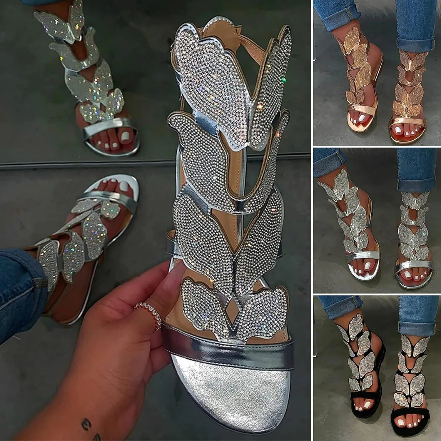 Women's Open Toe Sandals Summer Retro Bohemian Gladiator Roman Party Dress Sandals Rhinestone Hollow Flat Sandals