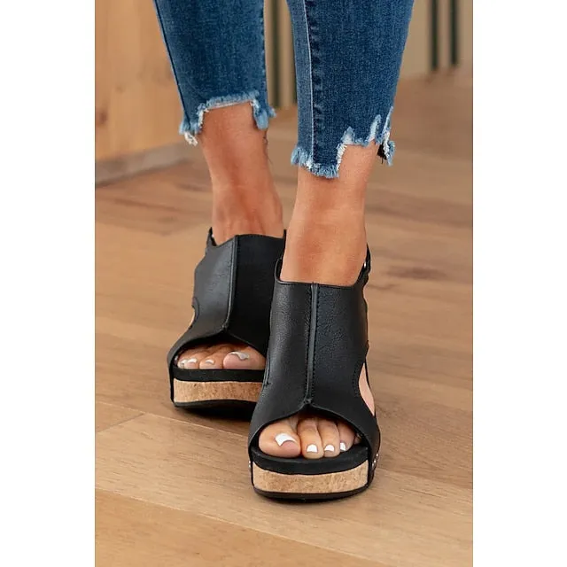 Women's Sandals Wedge Sandals Gladiator Sandals Roman Sandals Daily Summer Wedge Heel Peep Toe Vintage Casual Faux Leather Magic Tape Solid Color Dark Brown Black Light Grey
