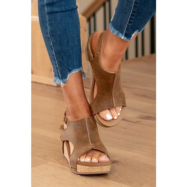 Women's Sandals Wedge Sandals Gladiator Sandals Roman Sandals Daily Summer Wedge Heel Peep Toe Vintage Casual Faux Leather Magic Tape Solid Color Dark Brown Black Light Grey